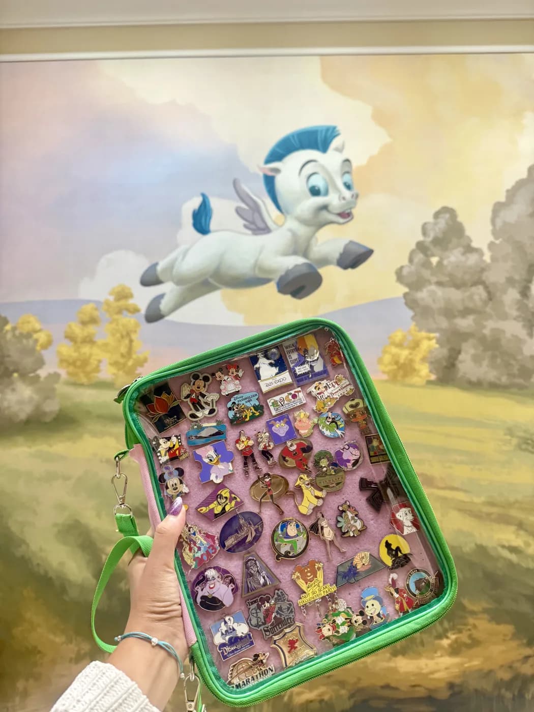 A container brimming with collectible pins